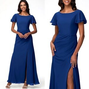 JJ’s House A-line Chiffon Formal Maxi Dress With Ruffle in Deep Royal Blue | 8
